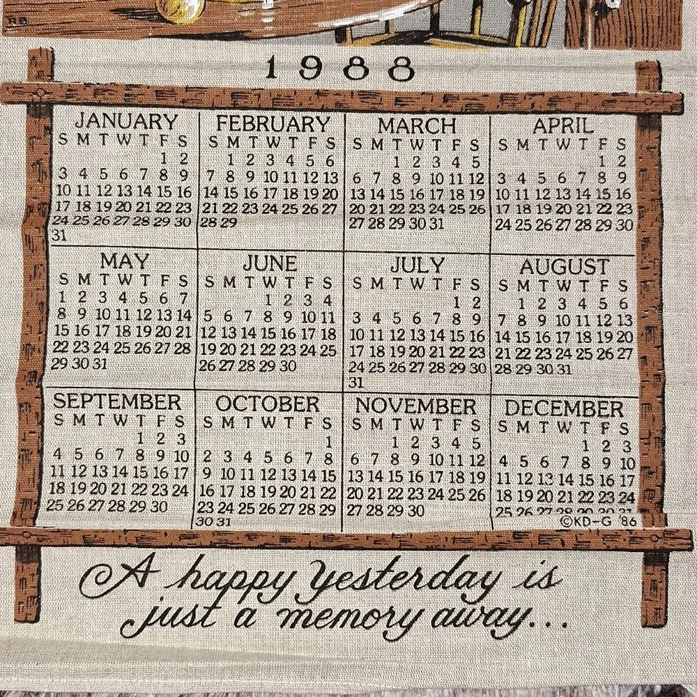 🪑 1988 fabric dish cloth towel wall hanging calendar w/original envelope, dowel